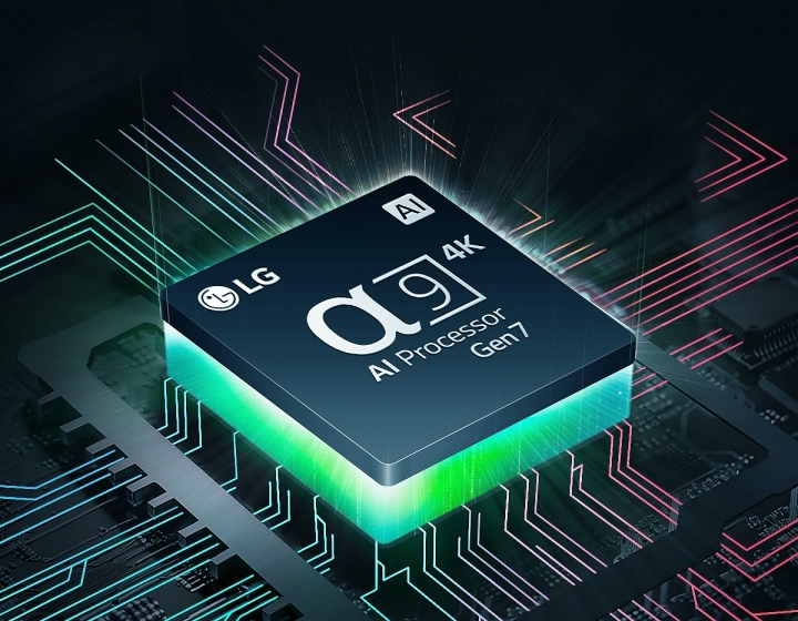 LG's alpha 9 AI Processor 4K Gen7 with green light emanating underneath, and colourful circuit board lines branching off the AI Processor.	