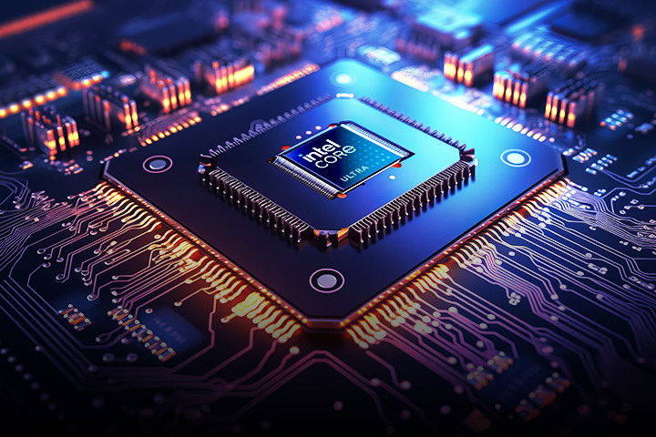Close-up of an Intel Core Ultra processor with an AI symbol on the chip, surrounded by glowing circuitry, featuring the Intel Core Ultra logo in the corner.