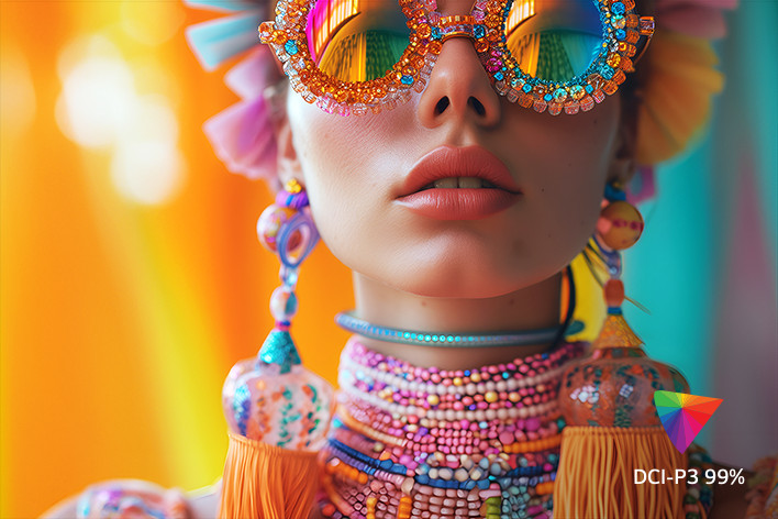 A vibrant close-up of a person wearing colorful accessories and reflective sunglasses, showcasing vivid, lifelike colors. The image emphasizes the DCI-P3 99% color gamut, highlighting accurate and rich color reproduction	