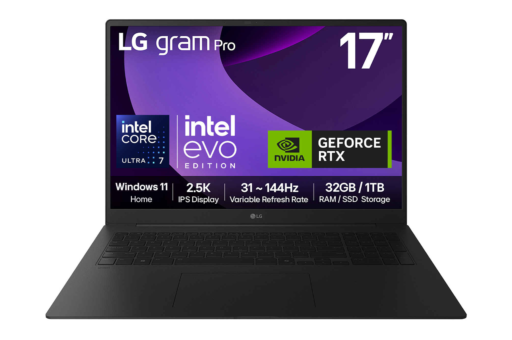 Front view of 17" LG gram Pro Laptop, 32GB RAM, Ultra 7 Processor, 1TB NVME Gen4, NVIDIA RTX5050, Obsidian Black  - 17T90TP-E
