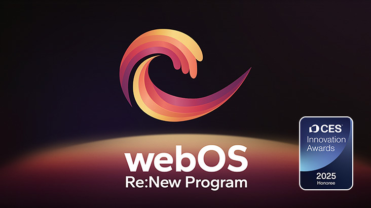 Promotional graphic for the webOS Re:New Program, featuring its colourful logo and a CES 2025 Innovation Award badge. Text highlights yearly upgrades for 5 years and enhanced security through webOS.