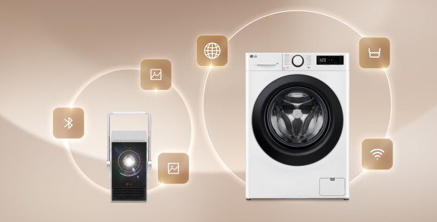 Smart home image featuring an LG washer connected to mobile and wireless devices for convenient everyday living.
