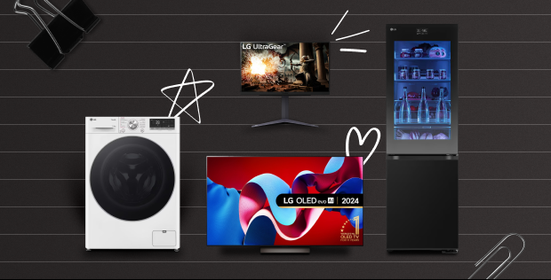Black Friday wishlist image featuring LG OLED evo AI TV, UltraGear monitor, washer, and moodUP refrigerator.