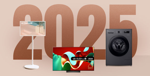New Year 2025 image featuring LG StanbyME, LG OLED evo AI TV, and washer against a bold 2025 background.
