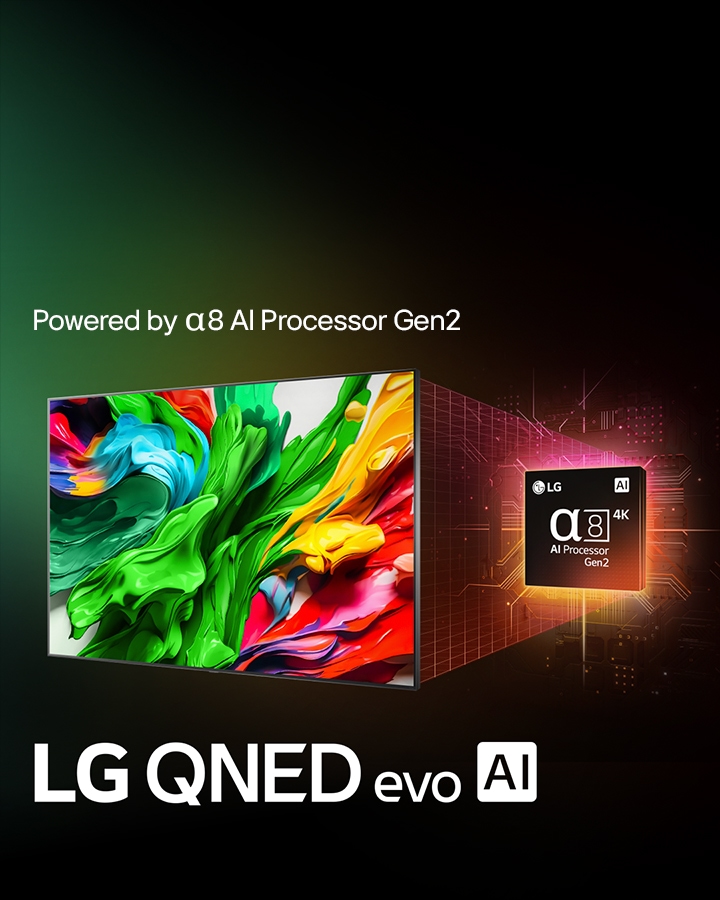 LG QNED TV sits slightly angled facing left and depicts colourful paintlike textures coming together in red, yellow, green, blue and purple. Behind the TV is the alpha 8 4K AI Processor emitting orange and pink light. Logo of LG QNED evo AI sits on the bottom left corner. The background is a colorful green gradient. Text is also visible, powered by LG alpha AI processor.	