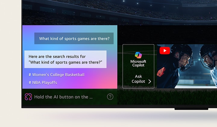LG TV screen showing how AI Search works. A small chat window is open showing how the user asked for what sports games are available. AI search responded via chat and by showing thumbnails of different available content. There is also a prompt to ask Microsoft Copilot.	