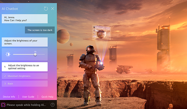Sci-fi content is playing on an LG QNED TV screen. On the left side of the screen is the AI Chatbot interface. The user messages the chatbot that the screen is too dark and the chatbot offers solutions to the request.	