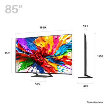 Front view and side view of LG QNED evo AI QNED92 4K Smart TV showing its length, width, height, and depth dimensions.