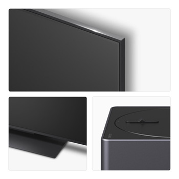 Front view and side view of LG QNED evo AI QNED9M 4K Smart TV showing its length, width, height, and depth dimensions.