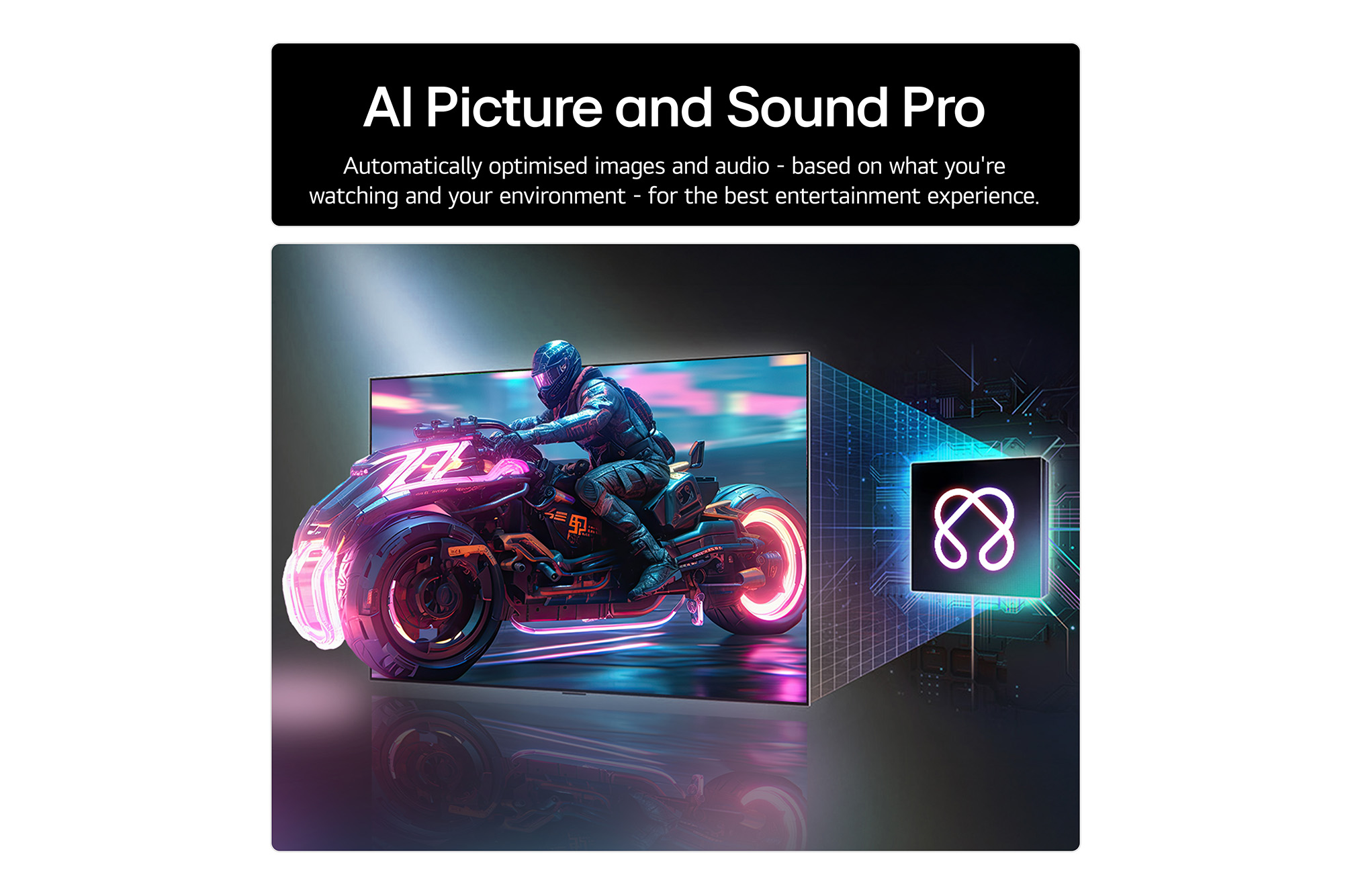 A dimly lit living room with a game screen depicted on the QNED9M. Zero Connect Box sits inside a coffee table. Text talks about 144Hz ultra-responsive wireless gaming with low latency.