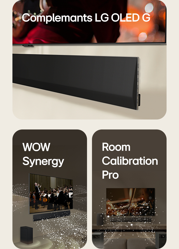 An angled perspective of the bottom of an LG TV and LG Soundbar, mounts against the wall.   LG Soundbar and LG TV in a living room playing an orchestra performance. White waves of droplets representing soundwaves shoot upwards and forward from the soundbar and project from the TV, as subwoofer is creating a sound effect from the bottom.  LG Soundbar, LG TV, rear speakers and a subwoofer are in a living room. A grid overlay appears over the room, like a scan of the space. White soundwaves made of droplets are coming out from the frontal perspective of the rear speakers.