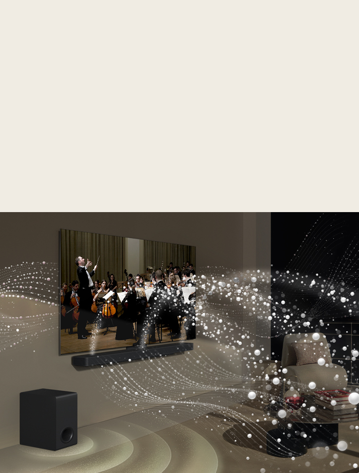 LG Soundbar, LG TV and a subwoofer are in a living room playing a musical performance. White droplets make waves of sound that shoot upwards and forward from the soundbar and project from the TV. A subwoofer is creating a sound effect from the bottom.