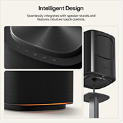 Feature card Intelligent Design - showing 3 shots of the M5 which can be seamlessly integrates with speaker stands and feature intuitive touch controls
