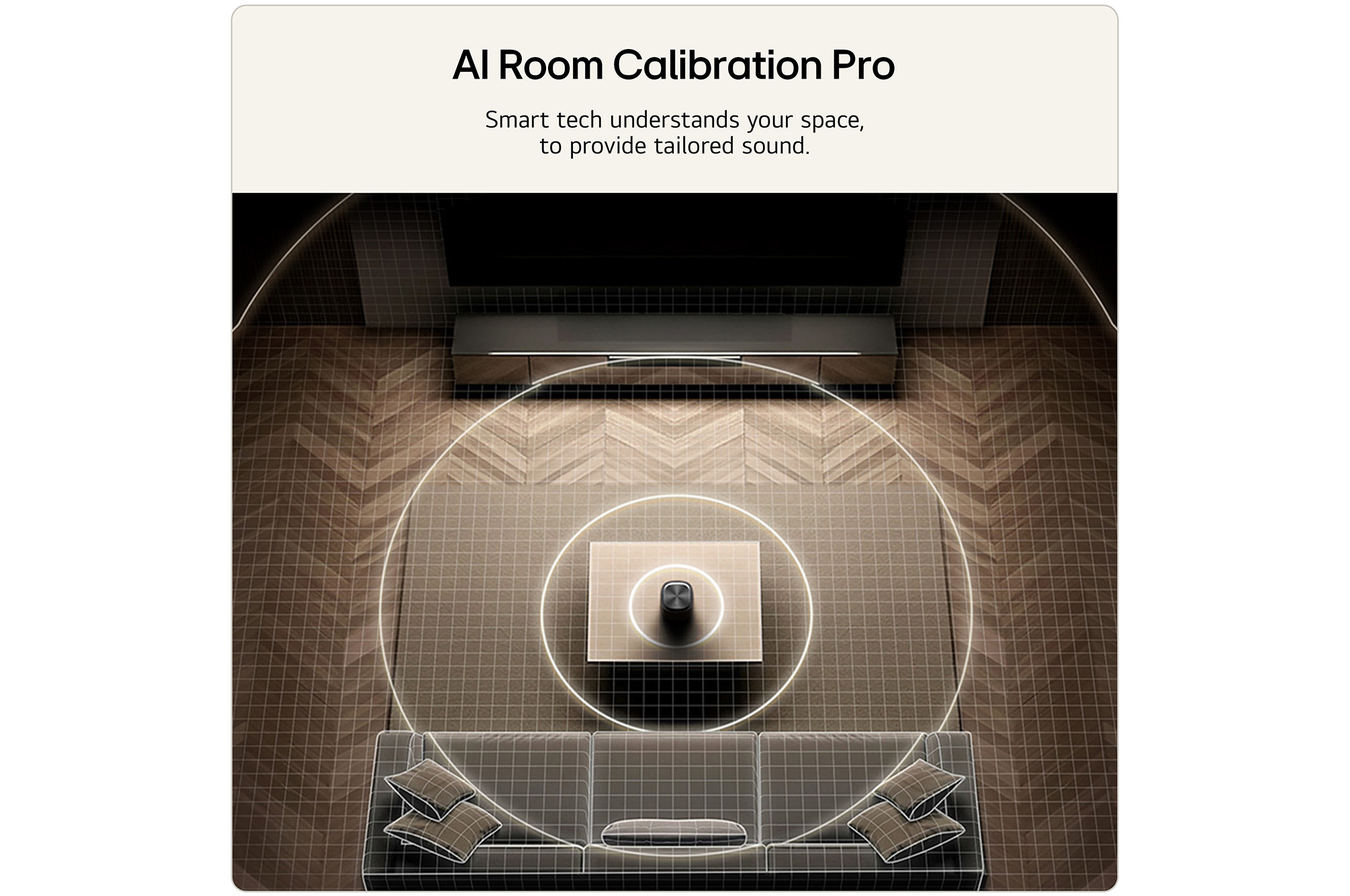 Feature card AI Room Calibration Pro  with wave audio coming out from the M5 as an illustration of how it works by scanning the area