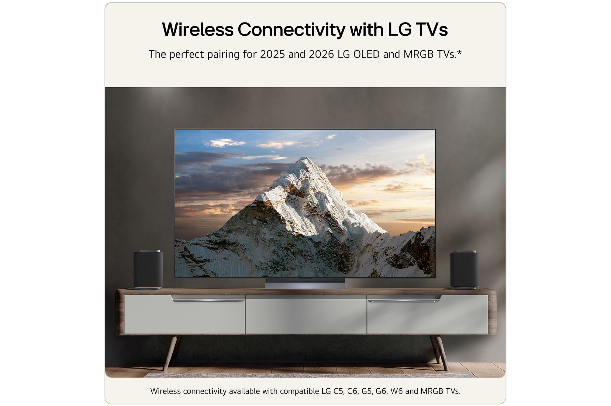 Feature card showing the sound suite M5 next to the LG TV OLED G5 or C5 help to visualise the wire-free setup