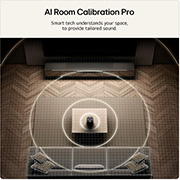 Feature card AI Room Calibration Pro  with wave audio coming out from the M7 as an illustration of how it works by scanning the area