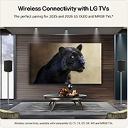 Feature card showing the sound suite M7 next to the LG TV OLED G5 or C5 help to visualise the wire-free setup