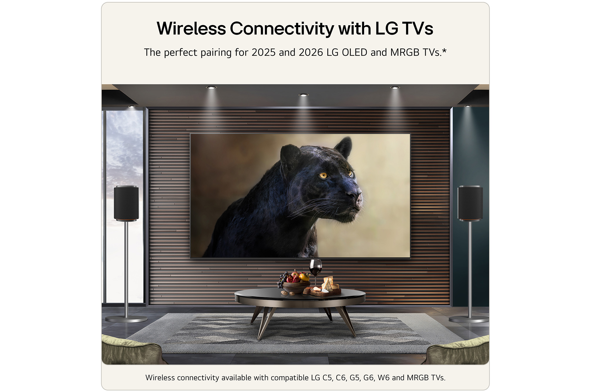 Feature card showing the sound suite M7 next to the LG TV OLED G5 or C5 help to visualise the wire-free setup