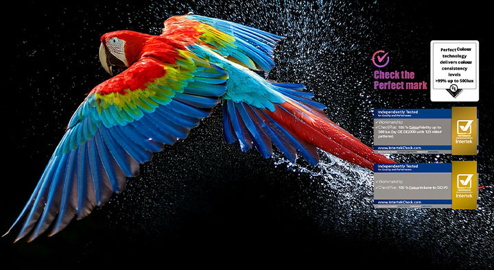 Colourful parrot in ultra-high definition against a black background. Water drops are suspended in the air all around it. The image showcases Perfect Colour as each different hue on the parrot's body is vibrant and vivid. Different logo certifications from UL and Intertek are visible. These refer to 100% Colour Fidelity and 100% Colour Volume. Text is also visible, check the Perfect Colour certification mark.