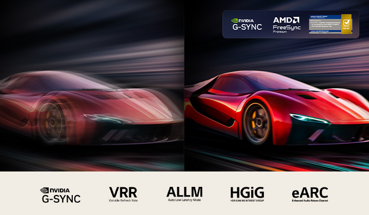 Two images of a car in a video game side-by-side. One shows a lot of motion blur. The other is sharp and in-focus showing the high frame rate of LG OLED TV. Nvidia G-Sync logo, AMD FreeSync Premium logo, the 0.1ms response time Intertek badge, and other relevant certifications are visible. 