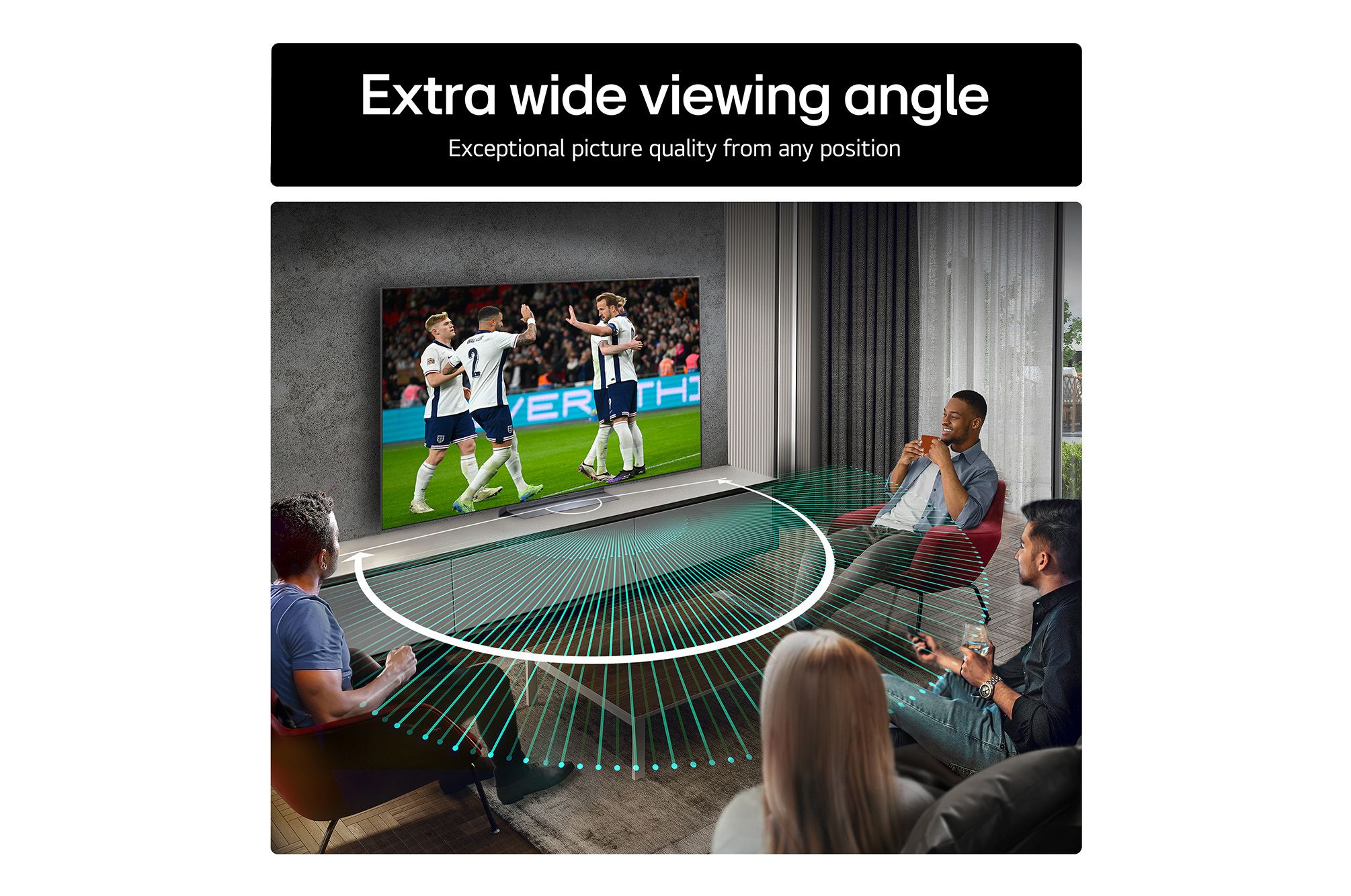 Living room space with a wall-mounted LG OLED TV. On the TV is a mountain range against a dark evening sky filled with stars. This scene is split in half. One side shows a duller, grayer version of the landscape labeled, Non Perfect Black display. On the other side is a more pleasing picture with a larger dynamic range of blacks and whites. 