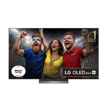 Front view of LG OLED evo AI C5 4K Smart TV. 12 Years of world number 1 OLED emblem and LG OLED evo AI 2025 logo are on the screen.