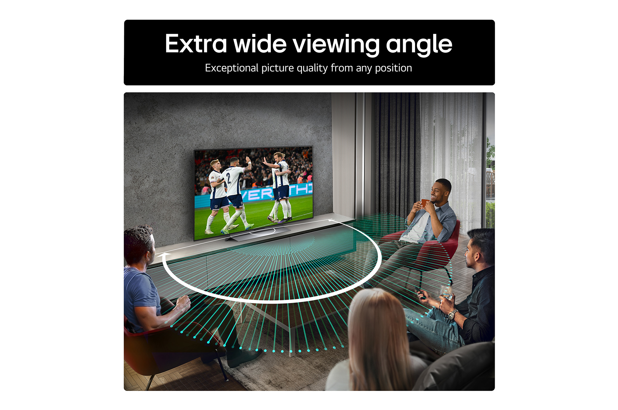 Living room space with a wall-mounted LG OLED TV. On the TV is a mountain range against a dark evening sky filled with stars. This scene is split in half. One side shows a duller, grayer version of the landscape labeled, Non Perfect Black display. On the other side is a more pleasing picture with a larger dynamic range of blacks and whites. 