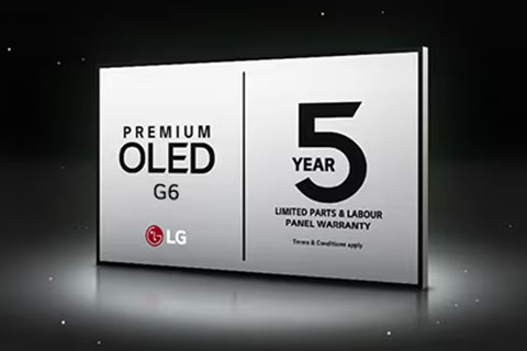 The LG OLED Care+ and 5 Year Panel Warranty logo against a black backdrop.