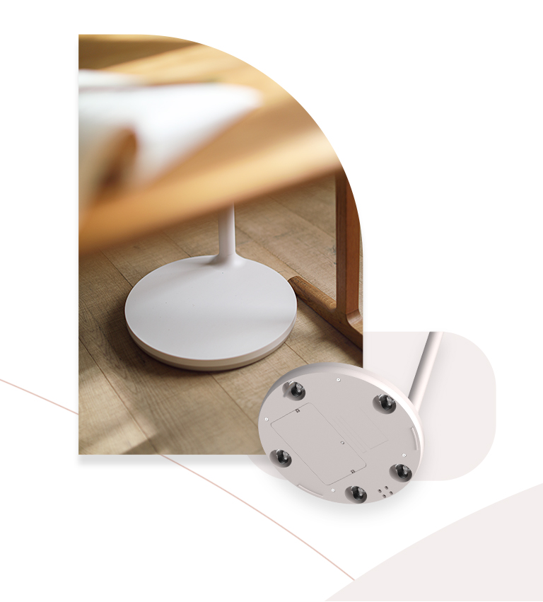 One image on the left shows the very bottom part of a TV stand that is placed under a desk and another image shows the close-up of five wheels on bottom of TV.
