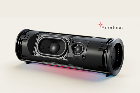xboom Grab's internal units, woofer and tweeter are shown with its tweeter moving forward and vibrating rhythmically.	