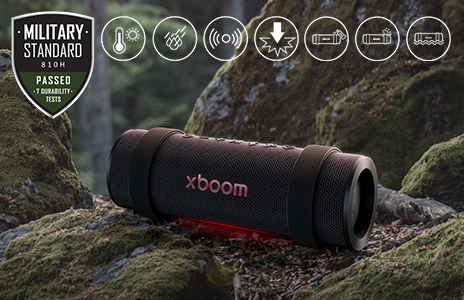 xboom Grab is placed on rock covered with moss. On the above right side Military standard logo is placed.	