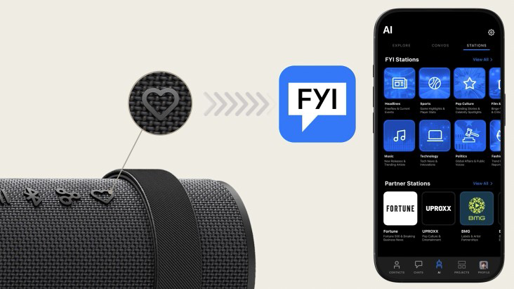 xboom Bounce's My Button is highlighted and suggests it can play FYI RAiDiO by showing its app screen.