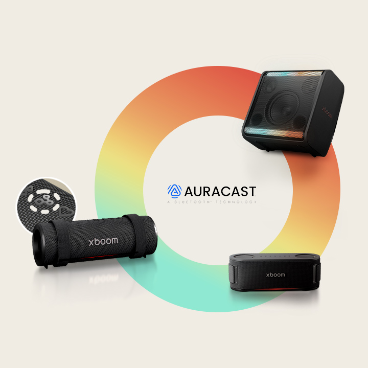 On a rainbow-colored circle xboom Stage 301, Bounce and Grab is placed in a clock-wise order. Next to the xboom Grab its Auracast button's image is placed in a circle.