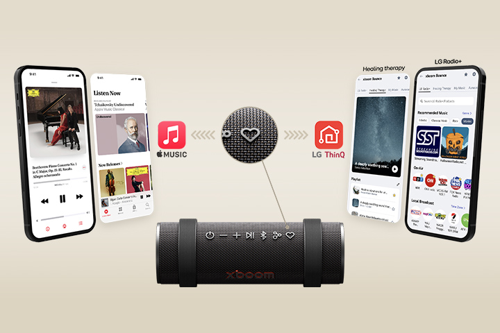 A phone with an app image in it and a virtual app image are shown on each left and right side. Apple music's app images and logo are on the left side while LG ThinQ app images and logo are on the right side. At the botoom xboom Grab's top part is shown with its "my button" emphasized.