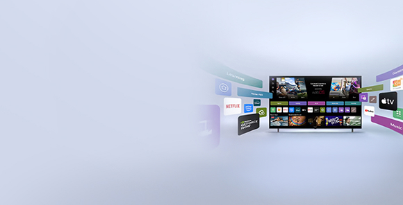 LG Smart TV displaying webOS home screen with entertainment apps and LG Channels UI elements dynamically expanding outward, highlighting 4,000+ global apps and channels.