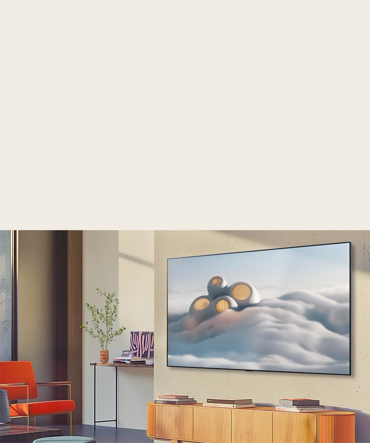 LG TV mounted on a wall depicting a high resolution background.	