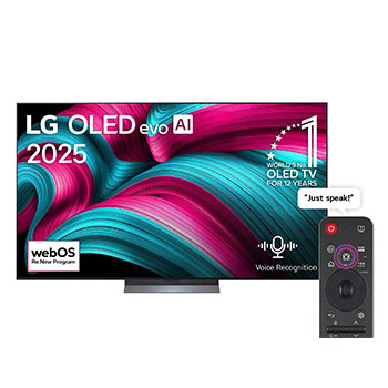 Front view of LG OLED evo AI C5 4K Smart TV. 12 Years of world number 1 OLED emblem and LG OLED evo AI 2025 logo are on the screen.