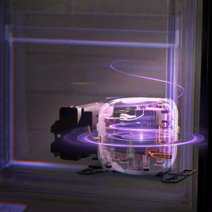 Transparent glowing purple illustration of an AI-powered refrigerator compressor showing internal components	