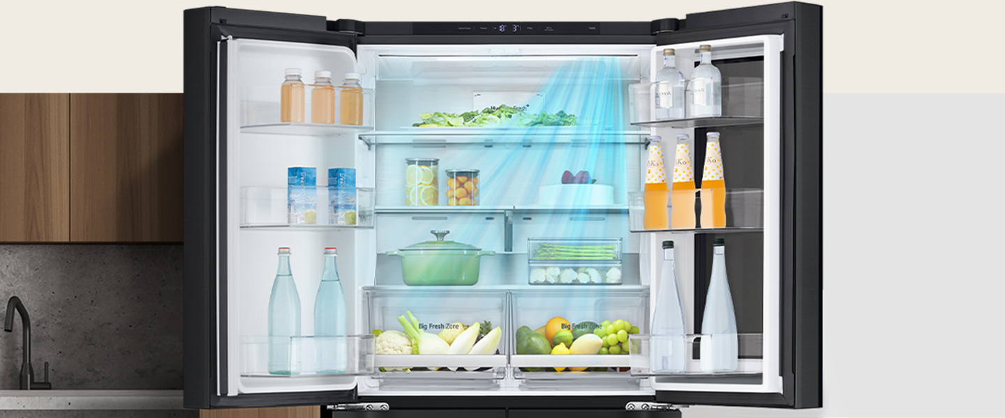 LG double door refrigerator with open doors, showcasing organised food items and beverages with airflow technology.
