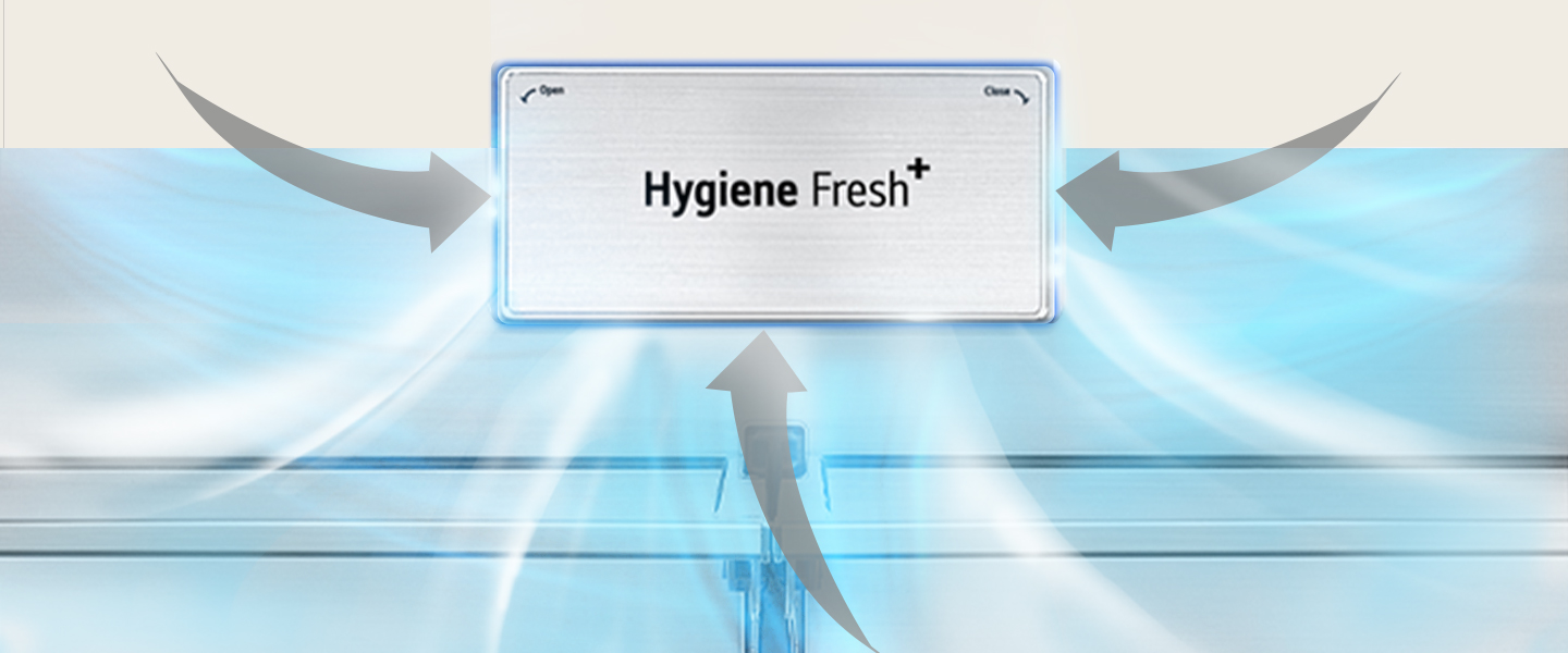 LG Hygiene Fresh+™ system circulates air through blue-tinted panels with directional arrows indicating airflow.