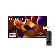 Front view with LG OLED evo TV, OLED G4, 11 Years of world number 1 OLED Emblem, webOS Re:New Program logo, and 5-Year Panel Warranty logo on screen, as well as the Soundbar below