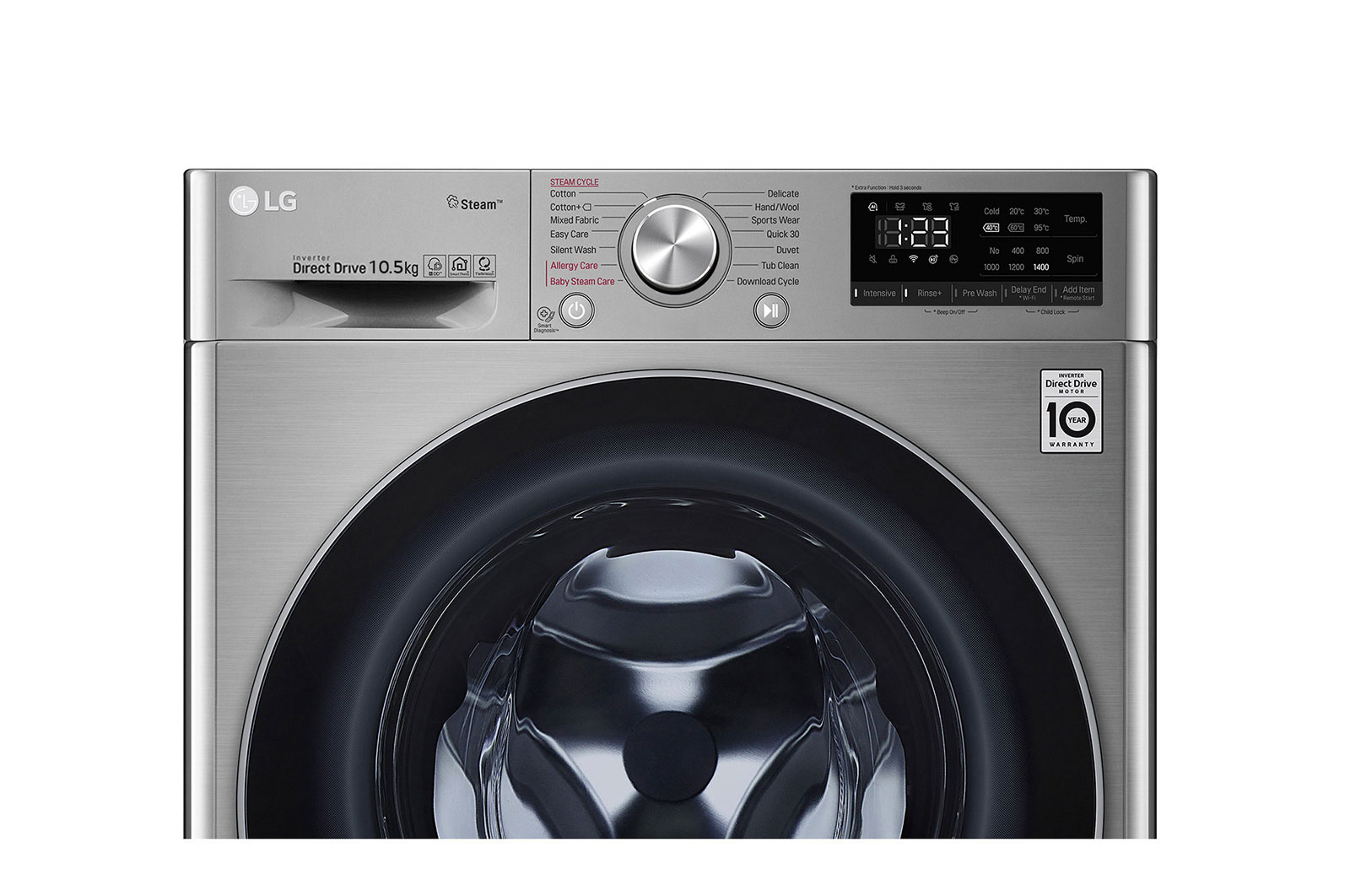 LG 10.5kg Front Loader Washer with AI DD™ & Steam in Stainless Finish, F4V5RYP2T