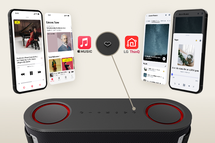 A phone with an app image in it and a virtual app image are shown on each left and right side. Apple music's app images and logo are on the left side while LG ThinQ app images and logo are on the right side. At the botoom xboom Bounce's top part is shown with its "my button" emphasized.	