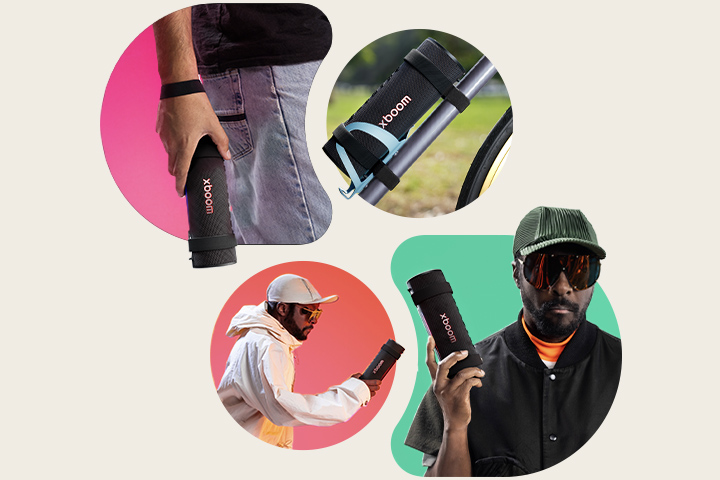 On the upper left side, xboom Grab is held with its strap on someone's wrist. On the upper right side, xboom Grab is placed on a bicycle's water bottle holder. On the bottom left, will.i.am in white outfit is holding xboom Grab with his right hand. On the bottom right, will.i.am in black outfit is holding xboom Grab with his right hand.