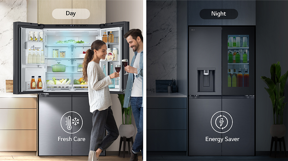 Two people enjoying drinks next to an open LG refrigerator during the day, and a closed refrigerator at night.