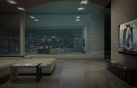 A image of TV playing with LG Soundbar showing the HD Music Streaming