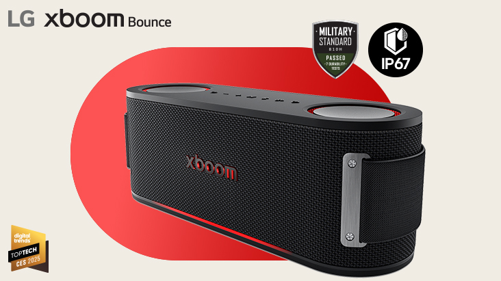 xboom Bounce is placed in a diagonal position in a red background. On the right above Military standard and IP67 logos are placed while on the bottom left Digital trend award logo is placed.