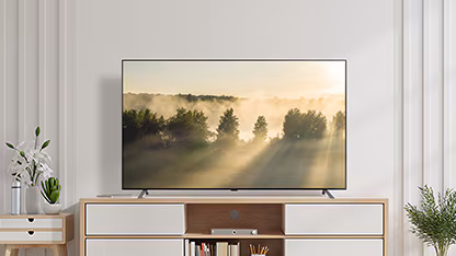 صورة يظهر بها OLED A2 من إل جي في غرفة بيضاء ناصعة مع تفاصيل خشبية ومساحات خضراء