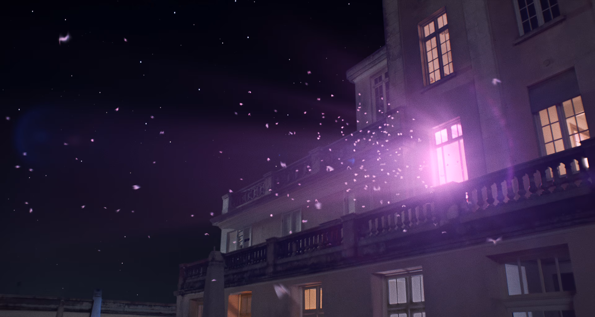 Moths flock across the night sky toward the top of a mansion. From the living room window, the camera cuts to a silhouette of a couple watching TV on the sofa. Bands of blue and purple light sway onscreen.