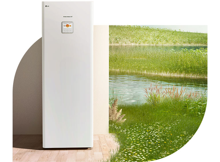 LG THERMA V is standing next to a pillar of a house with a view of the river stream beside.	